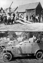 Photograph of soldier unloading an armoured car in a village during World War One