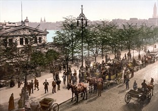 Horse drawn carriages in the Jungfernsteig area of Hamburg, Germany. 1890