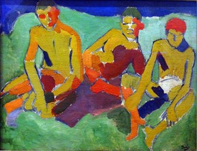 Painting titled 'Three People sitting on the Grass' by André Derain