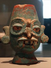 Ceramic vase depicting the Mayan rain deity, Chaac, Yucatan, Mexico