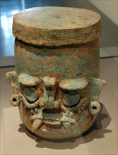Ceramic vase depicting the Mayan rain deity, Chaac, Yucatan, Mexico