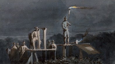 Night signalling by torches across the James River by artist William Waud