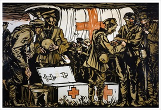 Red Cross. Soldiers receiving medical attention.