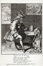 Print shows Louis XIV sitting at a table, resting on his left elbow.