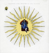 Print shows Louis XIV sitting on a box with fan-shaped back in the centre of the sun.