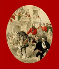 people cheering as Giuseppe Garibaldi rides into Naples on horseback.