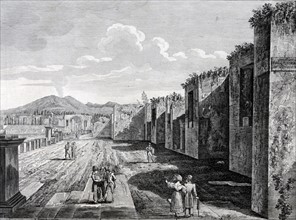 19th century drawing of the tourists visiting the Roman ruins at Pompeii Italy