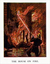 American illustration of a fireman fighting a blaze in a house; 1880