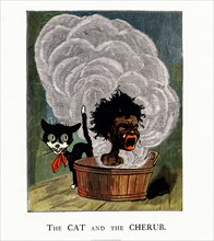 An American illustration of a cat next to an african-american boy crying out loud, in a steaming bath tub 1870