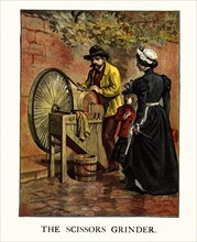 An American illustration of a scissors grinder sharpening scissors while a girl and her maid look on 1870
