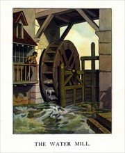An American illustration of a man watching a waterwheel churning water by a mill 1870
