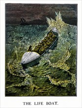 An American illustration of lifeboat with crew sailing in stormy seas