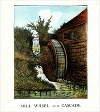 An American illustration of a water wheel by a mill 1870
