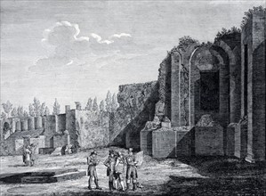 illustration showing tourists visiting the Roman ruins at Pompeii, in Italy, during their 'Grand Tour' of Europe. circa 1840