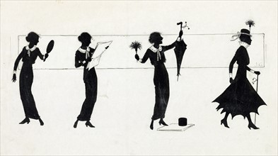 Drawing of the silhouette of woman transforming from wearing simple clothing to an elaborate outfit adorned with a feather duster and umbrella skirt.