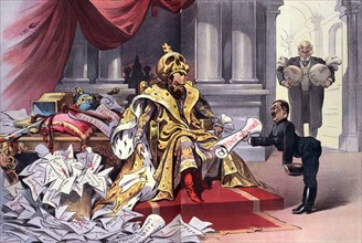 Political satire depicts Nicholas II, emperor of Russia, sitting on a throne, wearing a large skull topped with a cross as a crown, whilst a Japanese man is offering him papers labelled 'Peace 'with H...