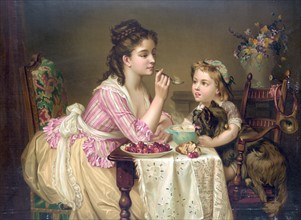 chromolithograph print titled 'Déjeuner à trois' depicting a young woman sitting at a table filled with breakfast food