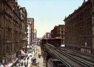 Colour photomechanical print of Wabash Avenue, North from Adams Street, Chicago