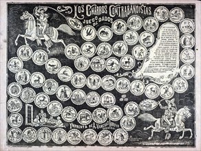 Game board for dice game of the cowboy smugglers shows Mexican cowboys in charro outfits on horseback, lassoing the 64 spaces on the board. The accompanying text, upper right, provides the rules for t...