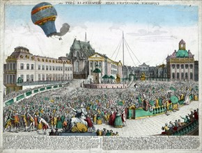 Hand-coloured etching depicting the hot-air balloons ascending from the Palace of Versailles, before the Royal Family.