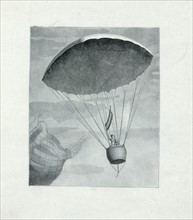 Wood engraving depicting André Jacques Garnerin standing in the gondola of his parachute waving a French flag after release from his balloon