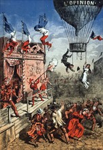 chromolithograph print depicting a theatrical performer on an outdoor stage shooting at a balloon