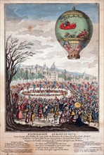 Hand-Coloured etching of the balloon, 'Le Flesselles' ascending over Lyon, France