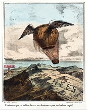 Hand-coloured lithograph a hot air balloon labelled 'Suffrage Universel' with wings floating above the Pyrenees and headed toward a sign labelled 'Espagne'