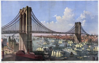 Colour lithograph of the Great East River suspension bridge