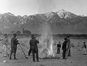 Photographic print of men and boys standing around a small brush fire holding shovels, a pitchfork stands in the right foreground, mountains in background