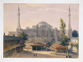 Colour lithograph of the Madrasah courtyard and exterior of Ayasofya Mosque, formerly the Church of Hagia Sophia