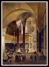 Lithograph print depicting the gallery and imperial tribune of Ayasofya Mosque, formerly the Church of Hagia Sophia