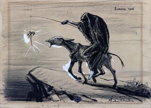 Political satire cartoon depicting Death riding an emaciated donkey and leading it toward a precipice by dangling a carrot, 'victory,' from a stick