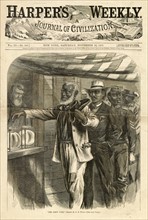 Political satire woodcut engraving illustration depicting a queue of African-American men casting their votes