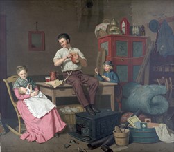 chromolithograph print depicting a domestic scene with a family relaxing in a room