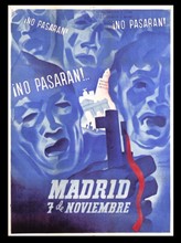 7 Nov. 1937. Issued by the Ministry of Propaganda, Madrid Office. Issued to honour the people's defence of Madrid; its dominant blue colour may evoke the blue overalls that were standard worker's atti...