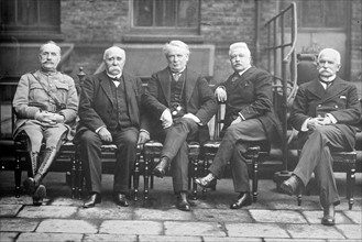 Photograph shows French General Ferdinand Foch (1851-1929), French Prime Minister Georges Benjamin Clemenceau (1841-1929), British Prime Minister David Lloyd George (1863-1945), Italian Prime Minister...