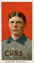 Three Finger Brown, Chicago Cubs, baseball card portrait.