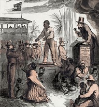 Slave auction from an engraved illustration by Thomas Nast 1840-1902 , c1865.