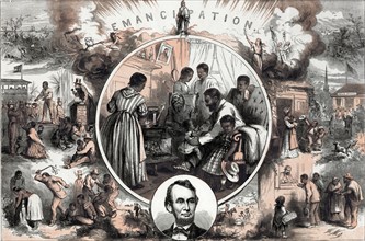 Emancipation from an engraved illustration by Thomas Nast 1840-1902 , c1865.