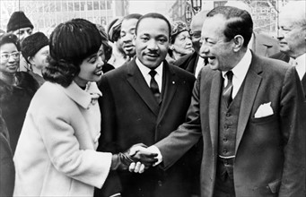 Mayor Wagner of New York greets Dr. and Mrs. Luther King, Jr. at City Hall. Robert Ferdinand Wagner II (April 20, 1910 - February 12, 1991.