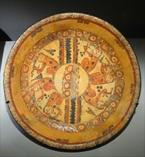 Mayan polychrome ceramic plate representing a group of seated figures; Mexico