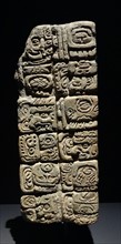 Inscribed ornamental Mayan brick from Comalcalco, Tabasco, Mexico. 652 AD.