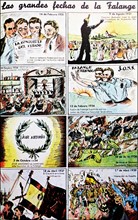 Cartoon series depicting key dates of the rise of the Falange in Spain.