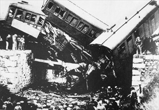 Wreckage of a train on the Seville to Barcelona route 1936