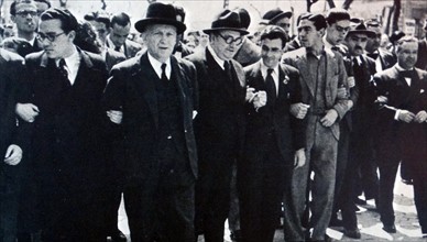 Demonstration in Madrid led by largo caballero (third from left) and Santiago Carrillo