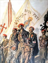 Carlist propaganda illustration of militia with flag saying; God and fatherland.
