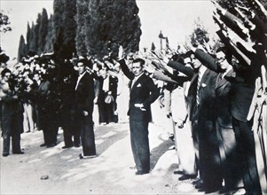 Falange salute is offered to the coffin of the assassinated José Calvo Sotelo