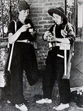 Spanish Civil War female Republican militia guards, at Guadarrama, eating