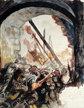 fighting at the Puerta de Carros. the Alcazar or fort of Toledo, el Alcazar, Spanish Civil War (1936-1939).